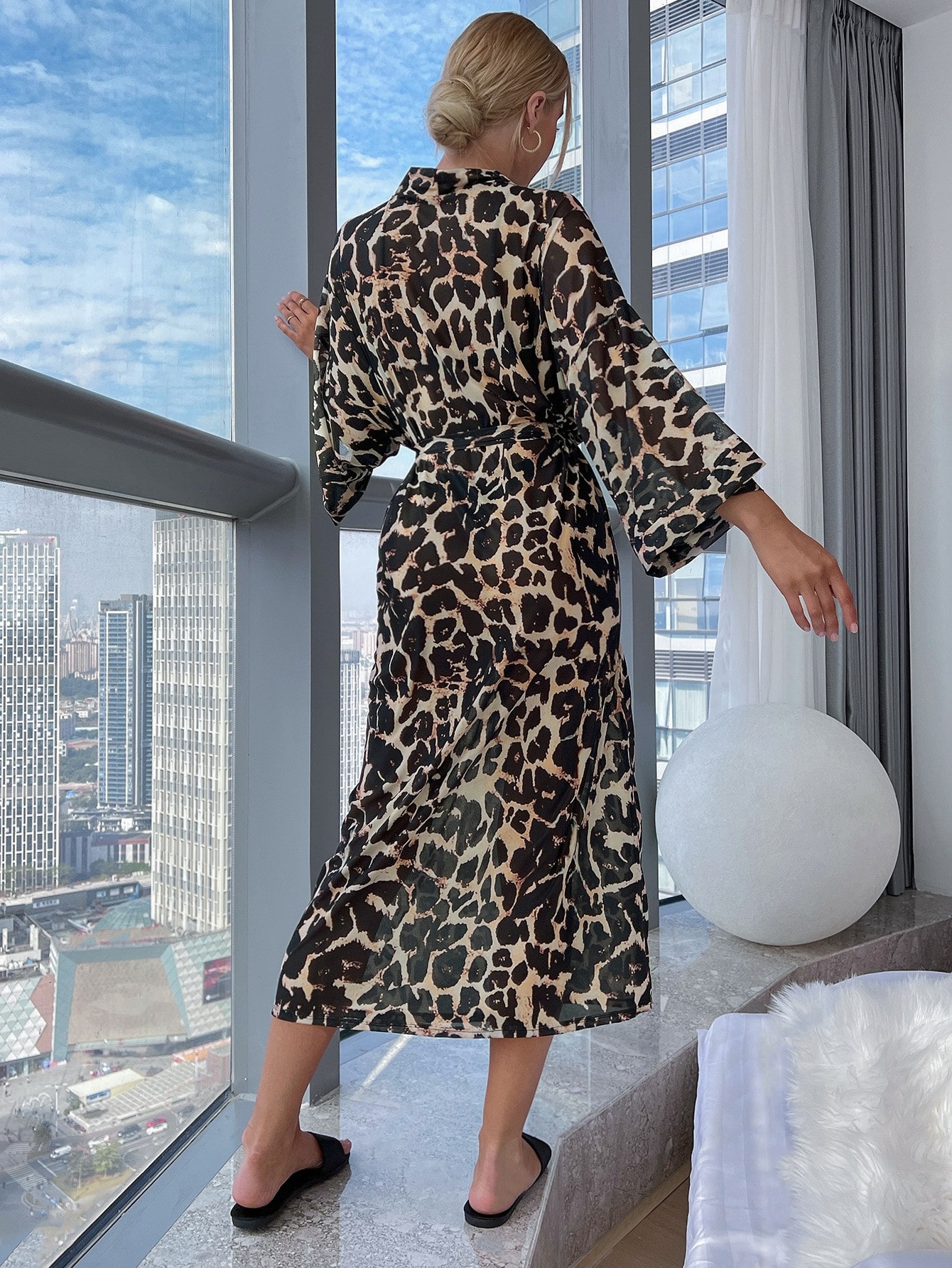 Leopard Print Flare Sleeve Mesh Belted Sleep Robe For Temu