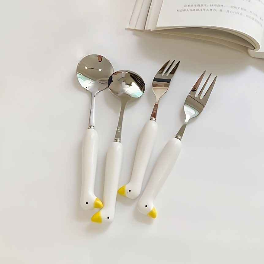 2pcs Kawaii Duck Spoon Fork Cutlery Set for Kids School Cute Korean  Portable Travel Stainless Steel Tableware Kitchen Utensils