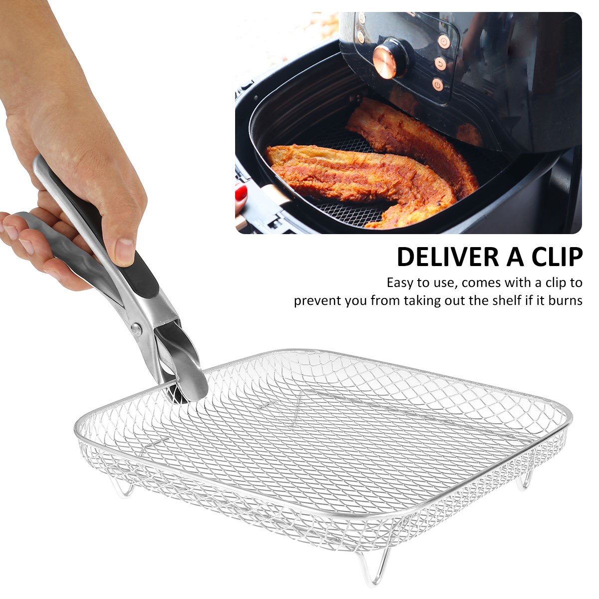 Jokapy Air Fryer Racks Three Layer Stackable Dehydrator Racks Stainless Steel Square Air Fryer Basket Tray Air Fryer Kitchen Accessories, Size: 1Pcs