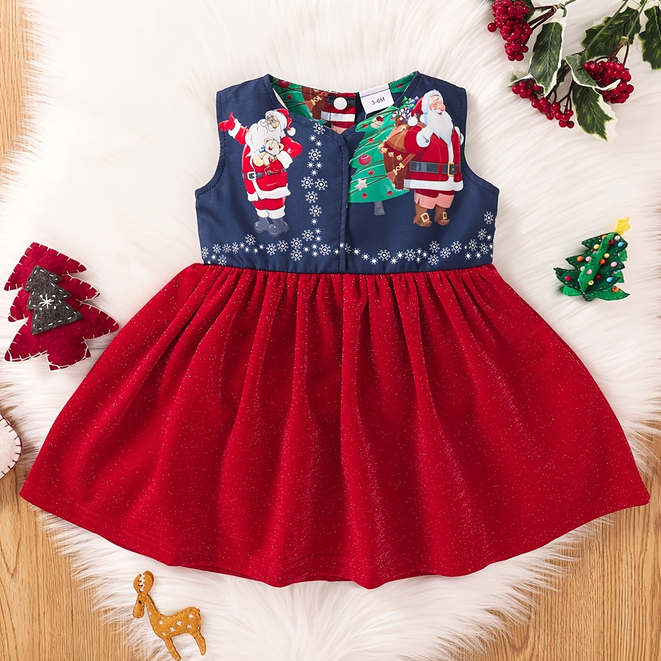 children eden baby girl christmas dress - sleeveless a-line party outfit  with santa & reindeer print, red & green flared, round neck -length dress  for holiday photos, xmas performances & winter celebrations |