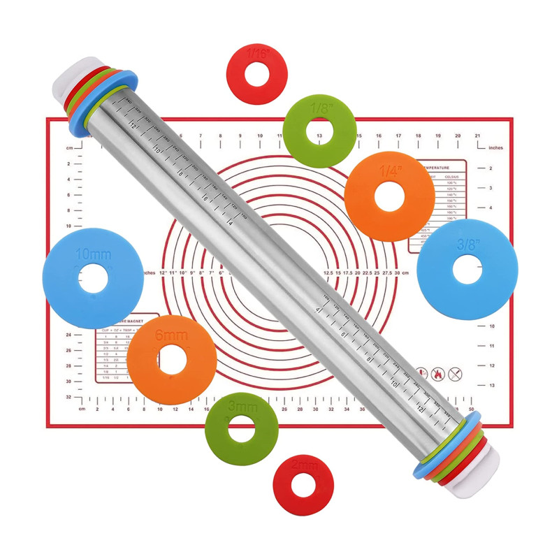 Mattarello regolabile con anelli di spessore e set di tappetini