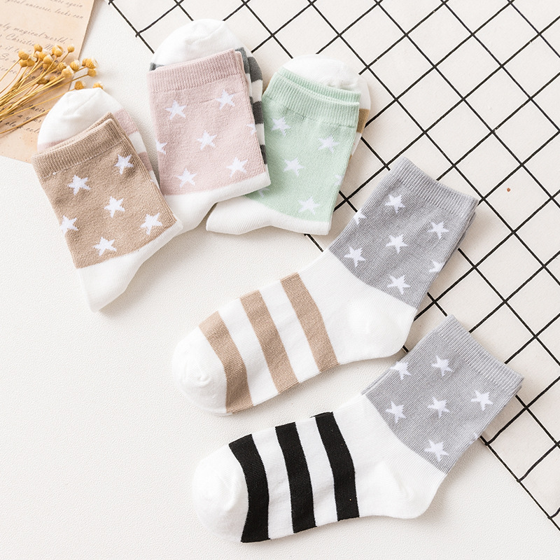 5 Pairs Cute Soft Casual Socks Star Pattern Tube Socks Womens Stockings ...