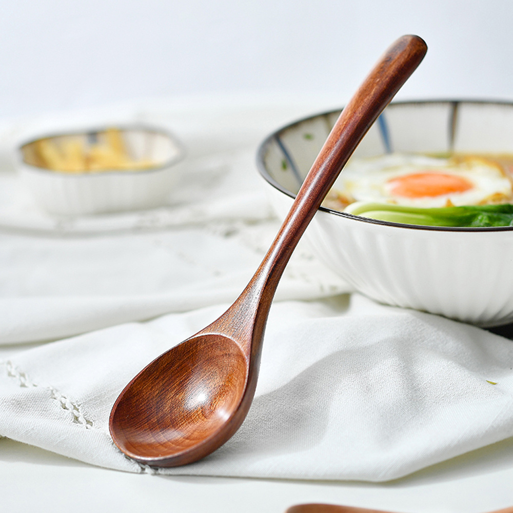 4PCS Japanese Ramen Wooden Soup Spoon with Long Handle, Handcrafted Wooden  Soup Ladle with Wooden Slotted Spoon for Ramen, Wood Hot Pot Spoon and Wood