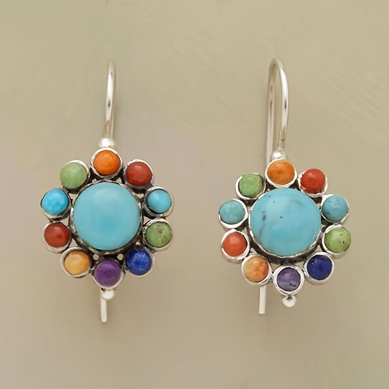 

Vintage 925 Silver Plated Multicolor Blue Ston Round Earrings Ethnic Personality Hook Drop Earrings For Women