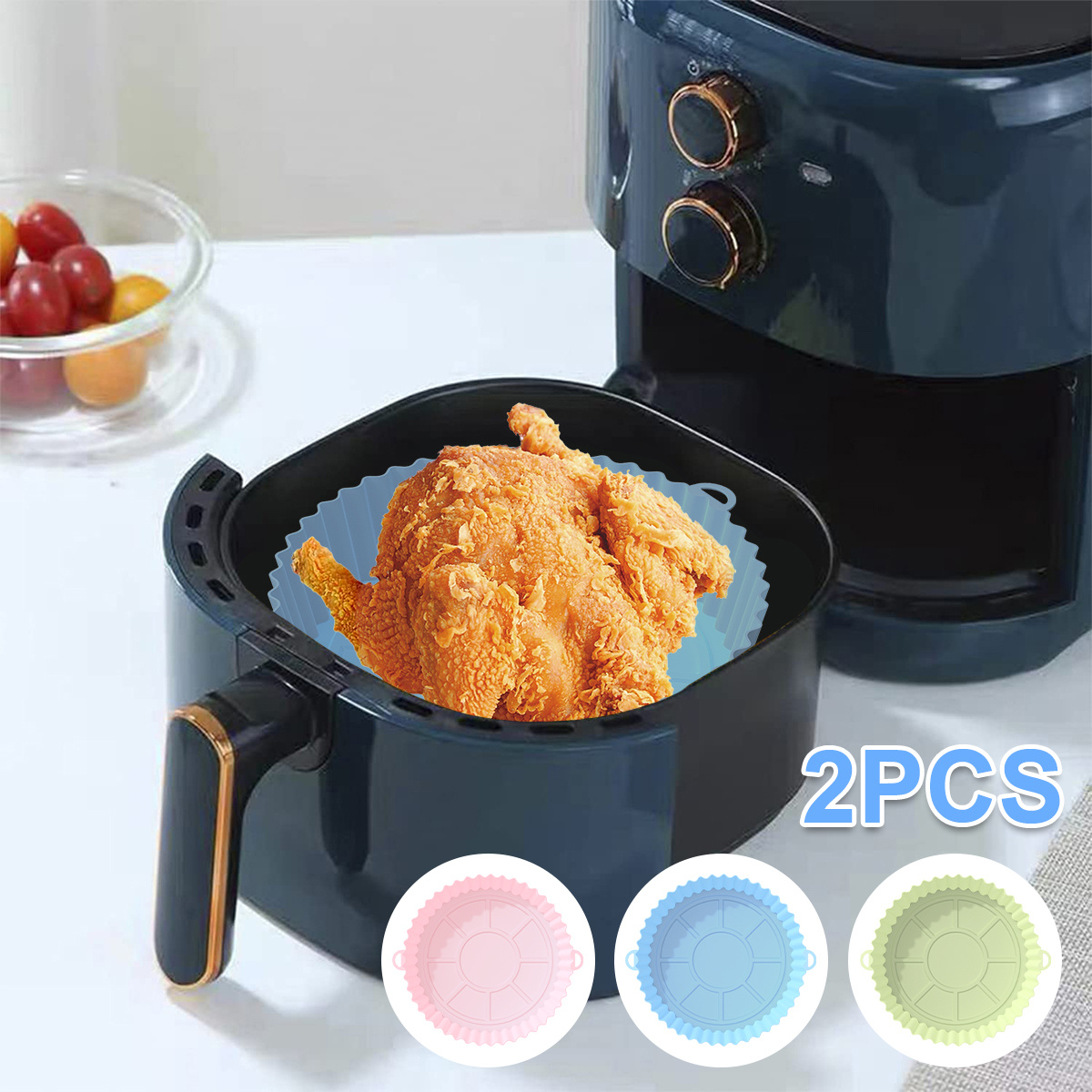 2Pcs Air Fryer Silicone Pot with Handle Reusable Air Fryer Liner Heat  Resistant Air Fryer Silicone Baking Pan Air Fryer Liner Round Silicone  Liners for Air Fryer Baking