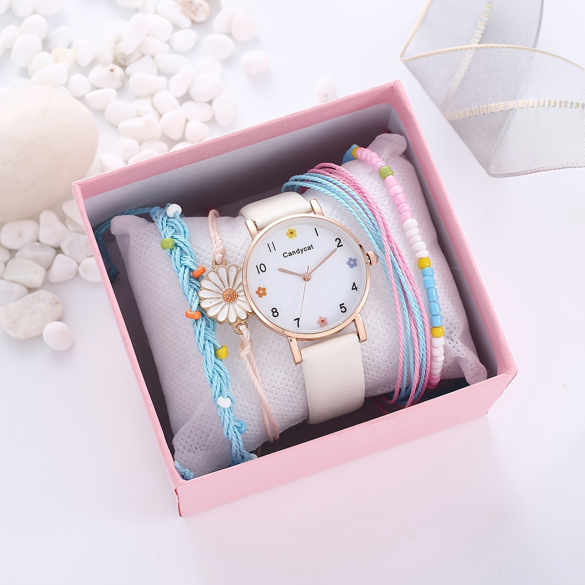 Children's Girls Simple Flower Quartz Watch + Daisy Bracelet Set, Ideal choice for Gifts