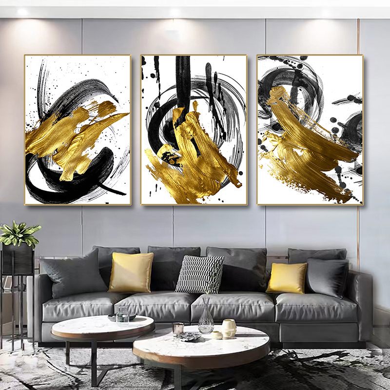 Golden Black White Abstract Painting Canvas Wall Art Poster Modern Home  Decor