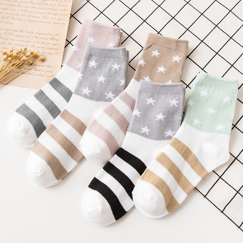 5 Pairs Cute Soft Casual Socks Star Pattern Tube Socks Womens Stockings ...