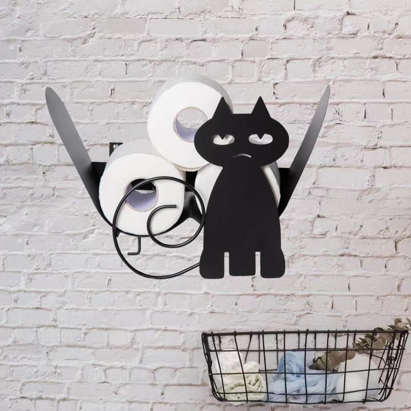 Whimsical Black White Kitten Cat Toilet Paper Roll Holder Bathroom Wall  Decor 