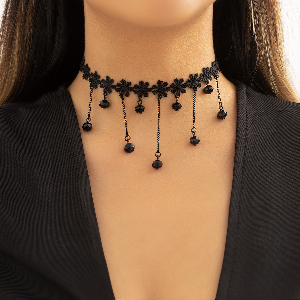 Gothic Black Gemstone Waterdrop Pearl Lace Choker Necklace
