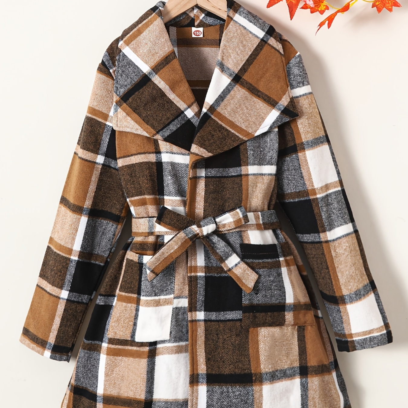 Girls Mature Thickened Plaid Coat With Bow Lacing, Thermal Windproof Outwear For Winter