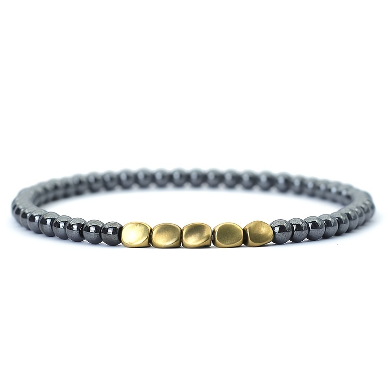 

Noter 1pc Beads Bracelet For Men, Bracelet With Many Different Type Of Stone Material, 5 Golden Bean In The Middle