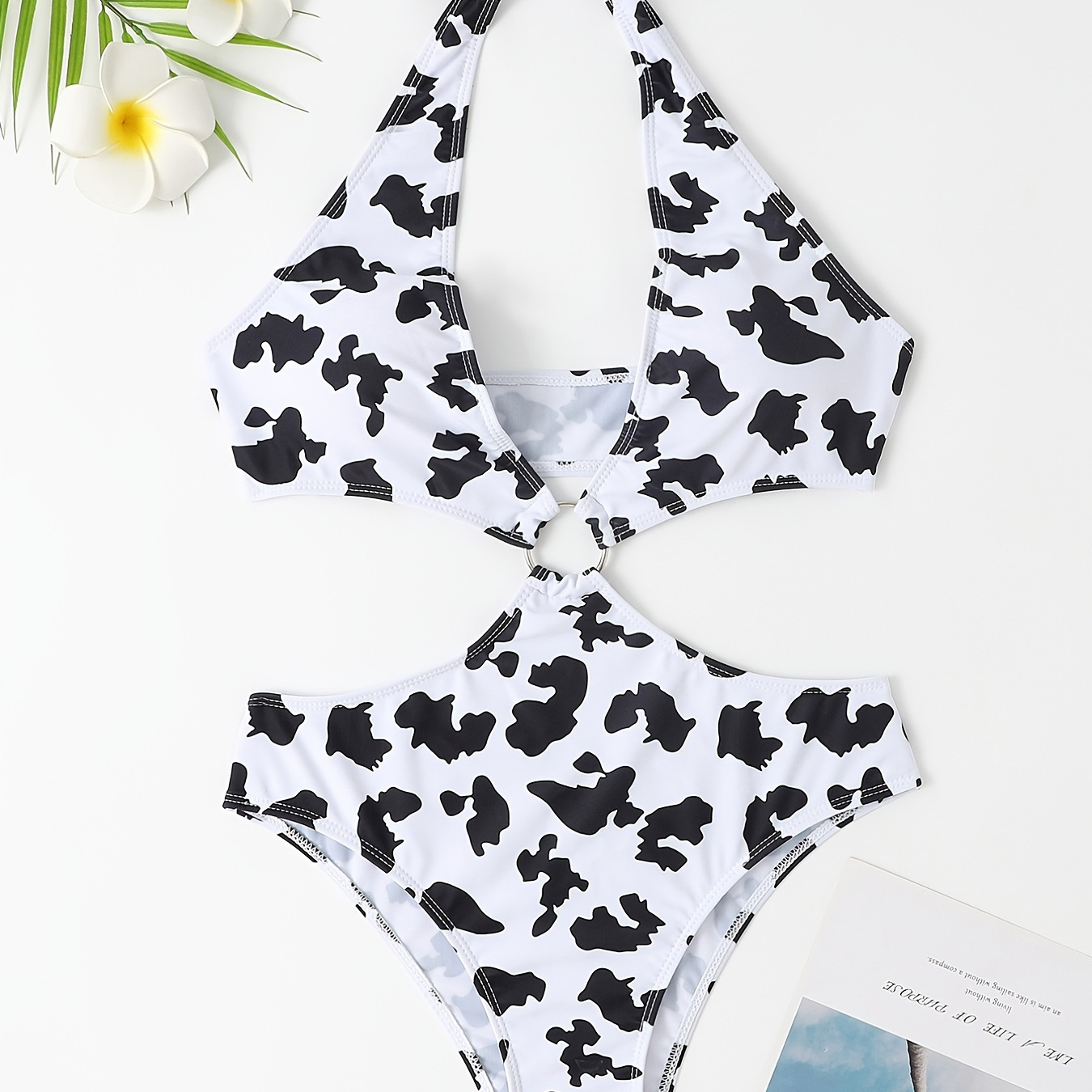 Halter Neck Ring Linked Cow Print Swimsuit Cut Out Side High Cut Deep V ...