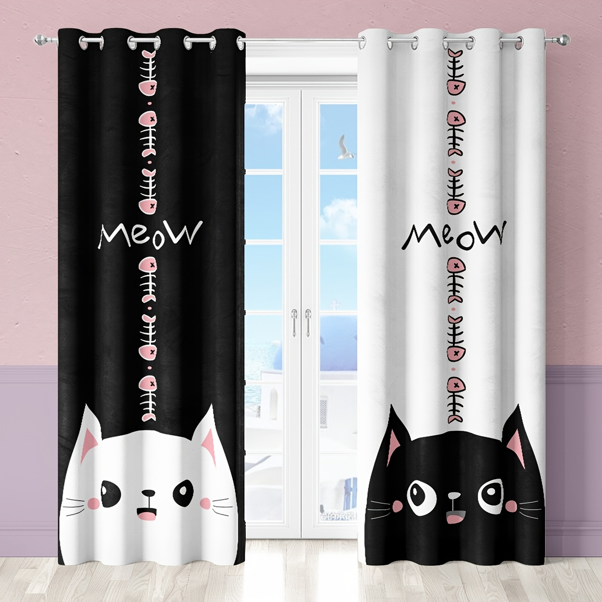 

2pcs Cat Living Room Curtains, Black And White Bedroom Curtain