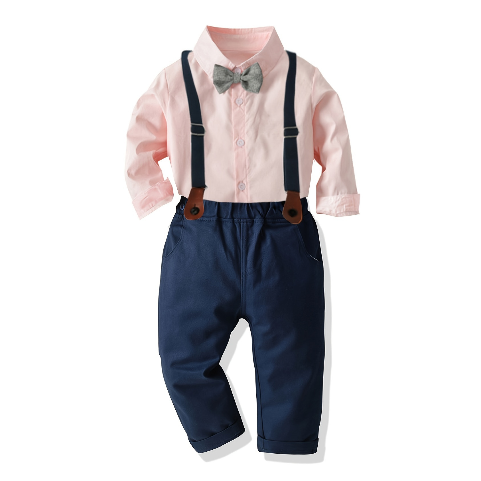 

Baby Boys Gentleman Outfit Formal Suit Long Sleeve Striped Plaid Shirt Suspender Pants Bow Tie Overalls Clothes Set