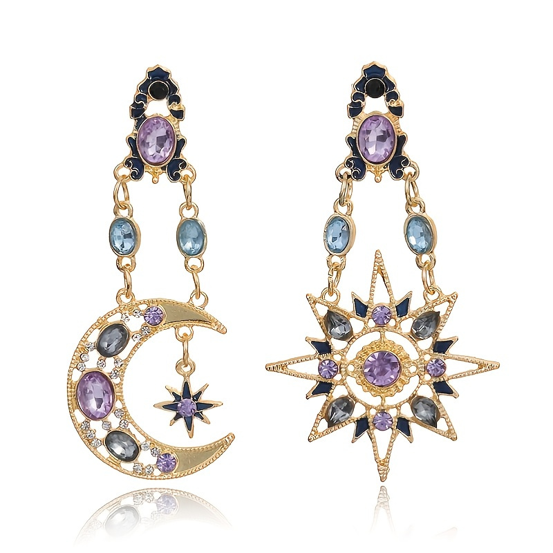 

Sun Moon Stars Drop Earrings Rhinestone Punk Earrings For Women Jewelry Golden Boho Vintage Hollow Asymmetric Earrings