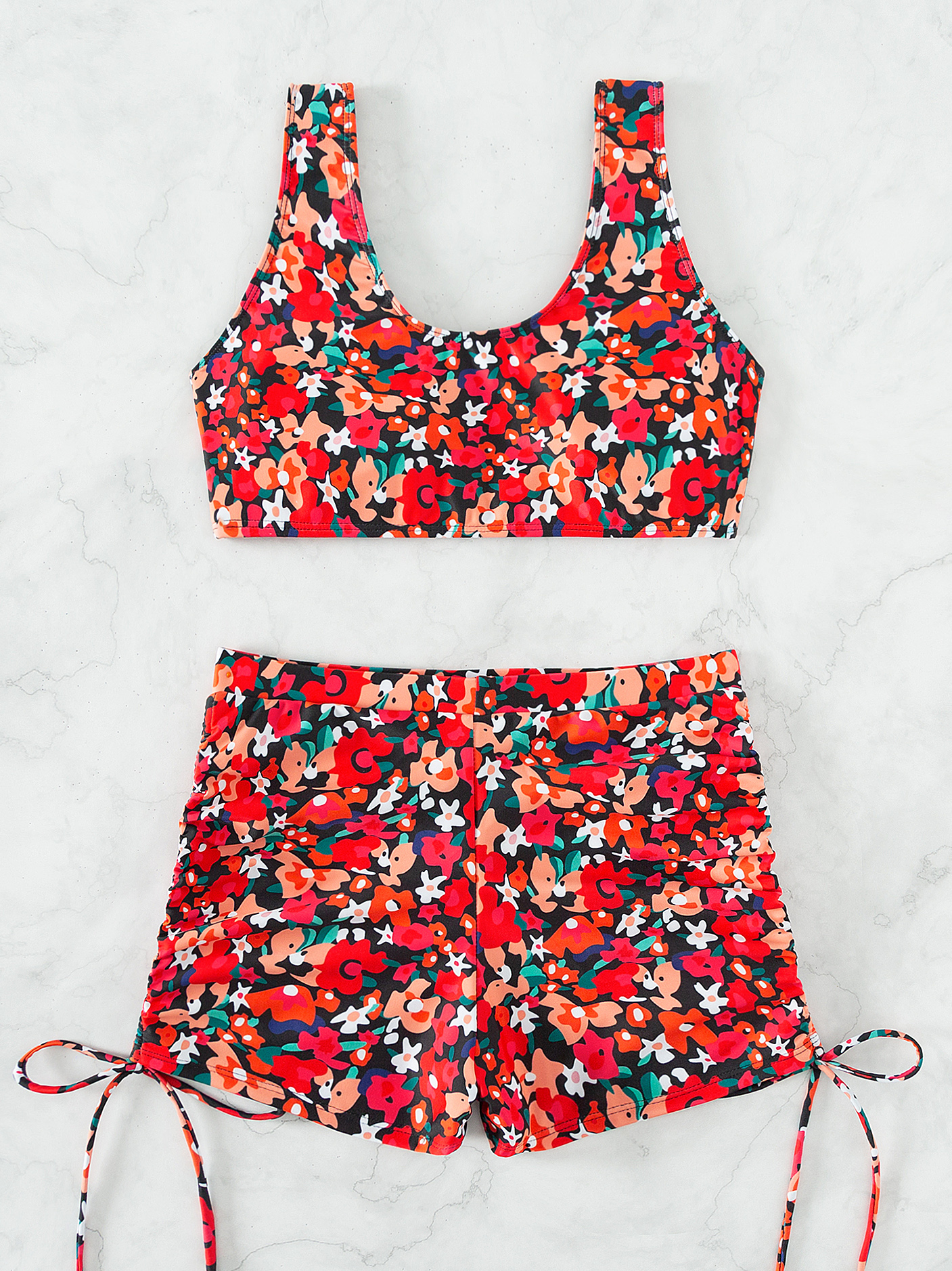 Red Ditsy Floral Print Boxer Short Tankini Sets Drawstring - Temu ...