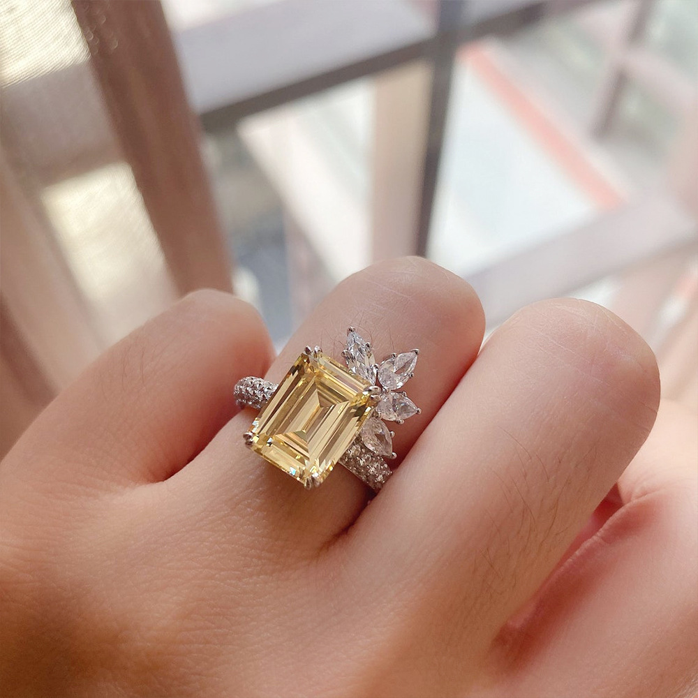 Yellow Square Zircon Ring, Glitter Finger Ring