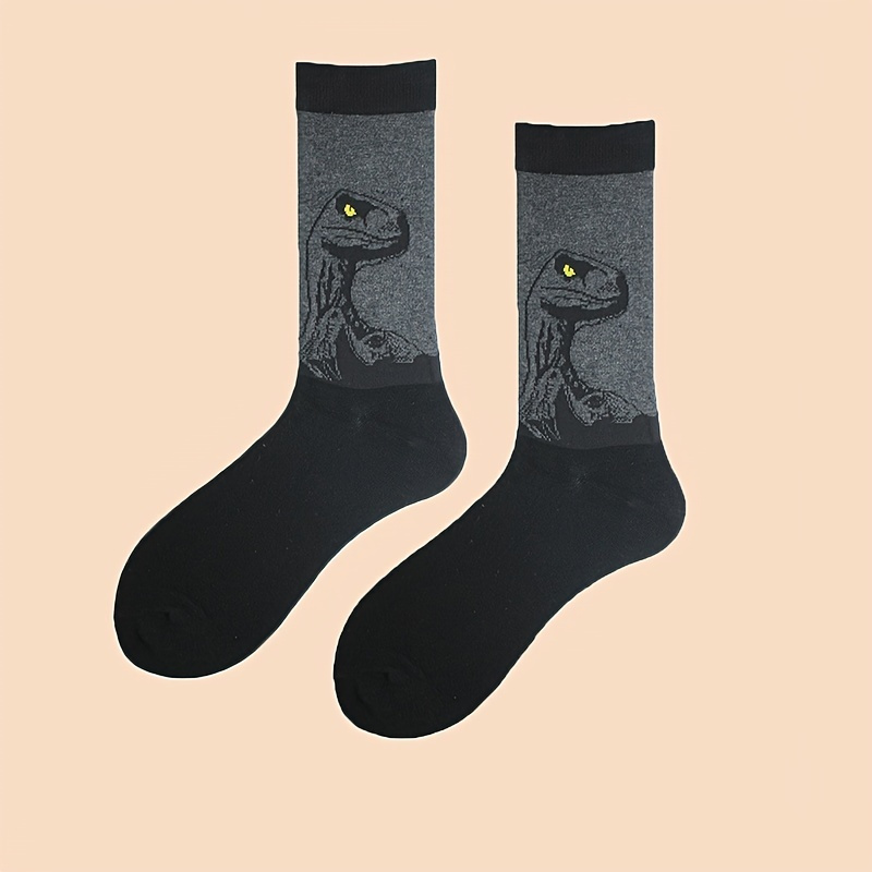 

1pair Men's Dinosaur Print Black Breathable Socks