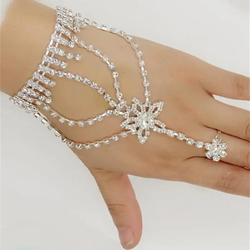 Rhinestone Hand Bangle Chain Link Finger Ring Bracelet Wedding Dress Accessories Hand Jewelry
