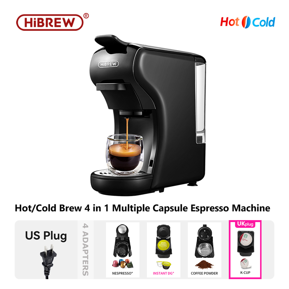 HiBREW Single Serve Coffee Maker - Portable,Coffee Machine for K Cup Pod,  One Button Operation, White Color for Kitchen, Office, Camping, Hotel