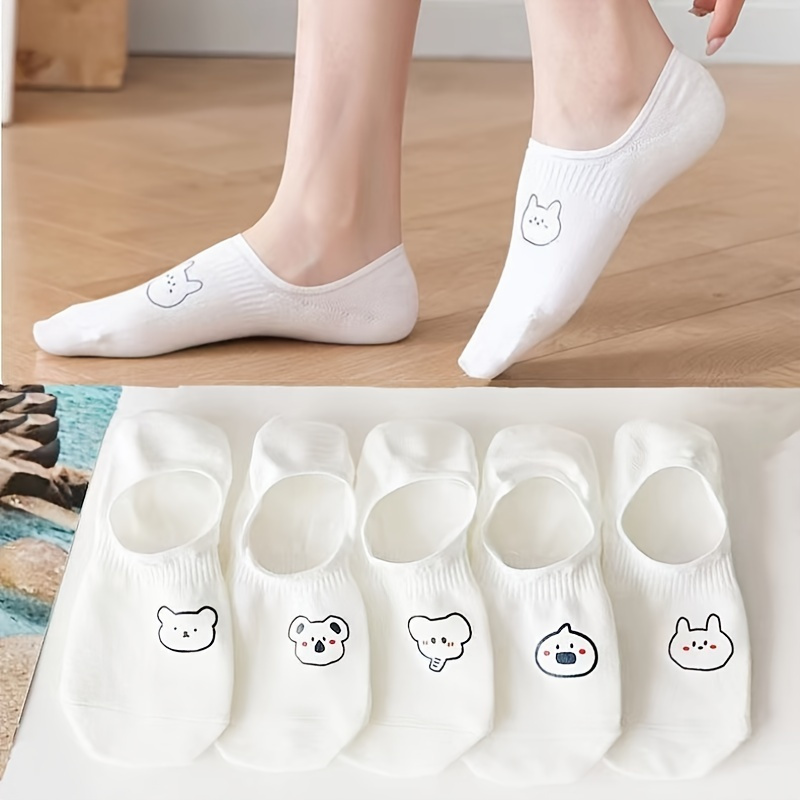 5pairs Soft & Cute Cartoon Pattern Socks , Pure White Ankle Socks , Women's Stockings & Hosiery