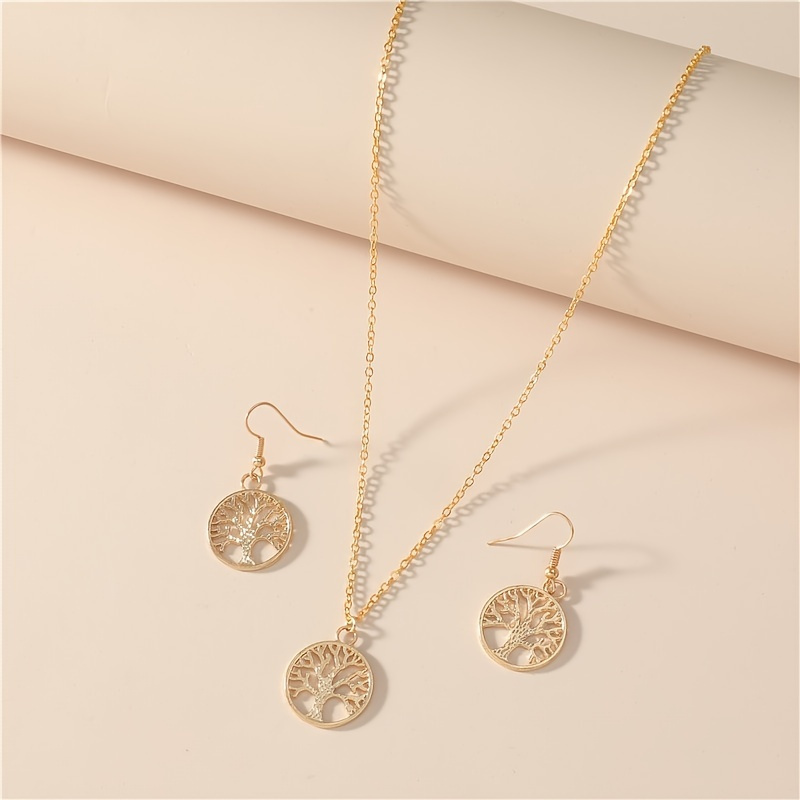 

European Style Golden Tree Of Life Popular Necklace And Earrings Set Of Women's All-match Gift