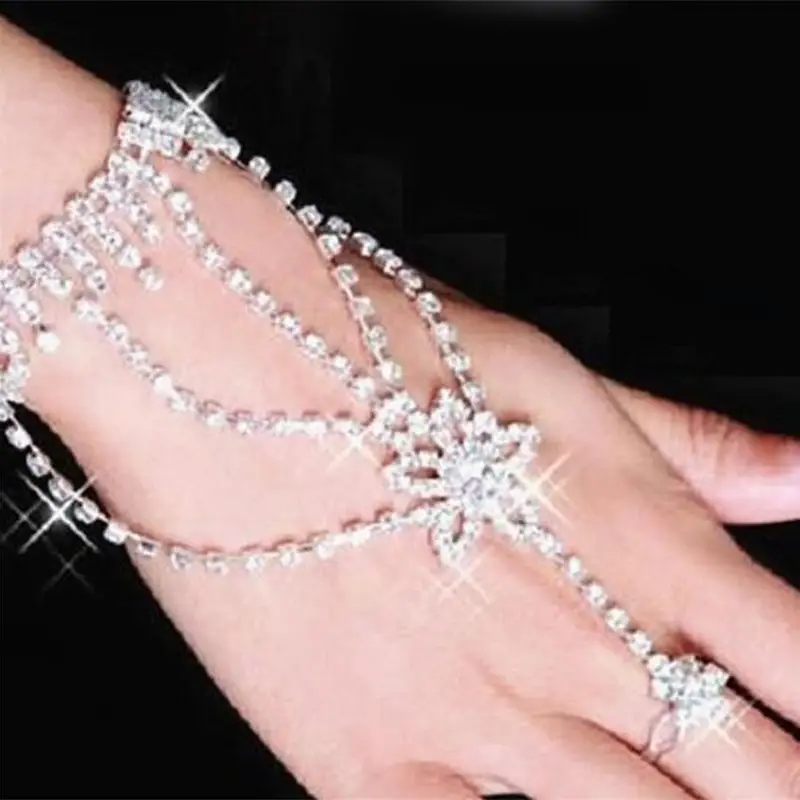 Rhinestone Hand Bangle Chain Link Finger Ring Bracelet Wedding Dress Accessories Hand Jewelry