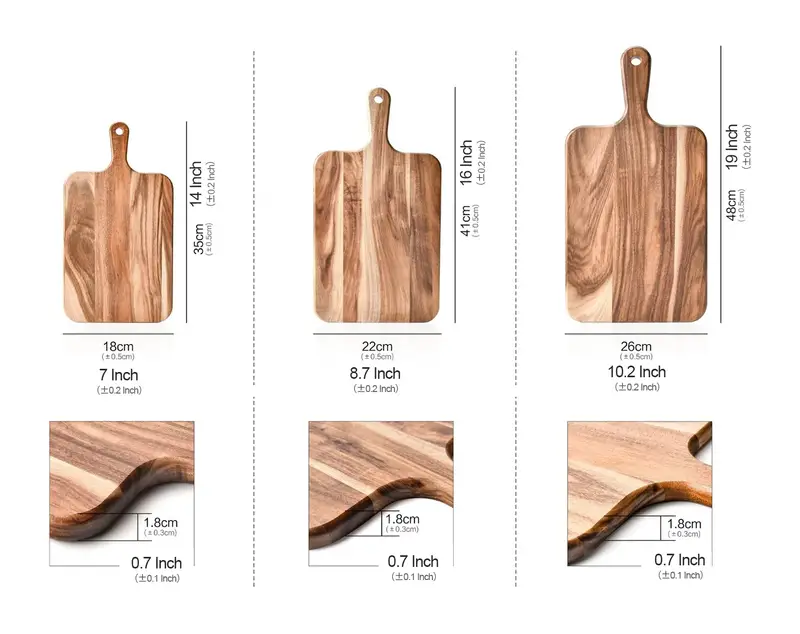 1 3pcs acacia wood cutting board paddle cutting board with handle knife friendly kitchen butcher block serving tray cracker platter details 2