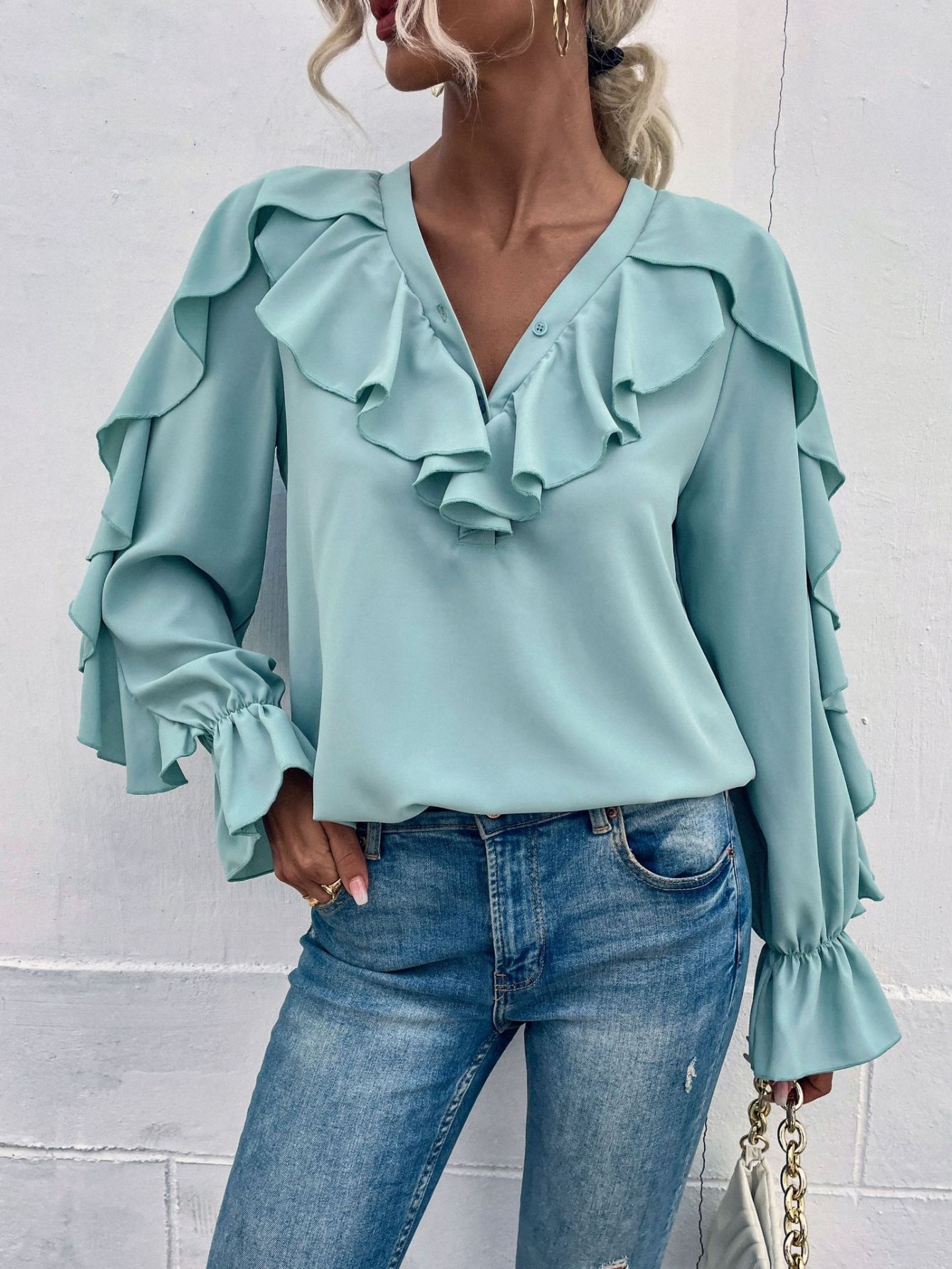 Casual Ruffle Blouses Solid V Neck Ruffle Long Sleeve Temu