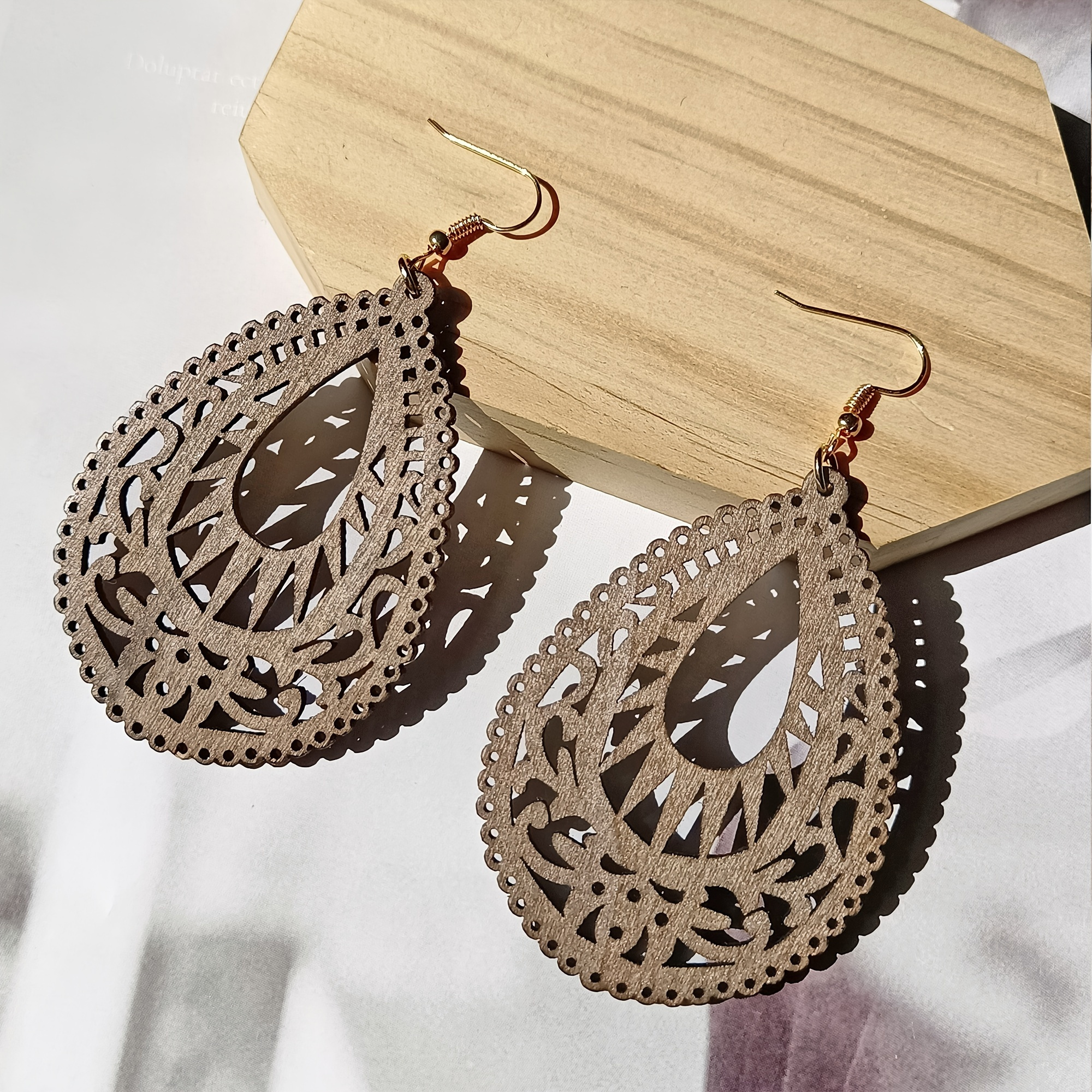 

Bohemian Style Wooden Hollow Pattern Drop Dangle Earrings Retro Jewelry For Women Girls