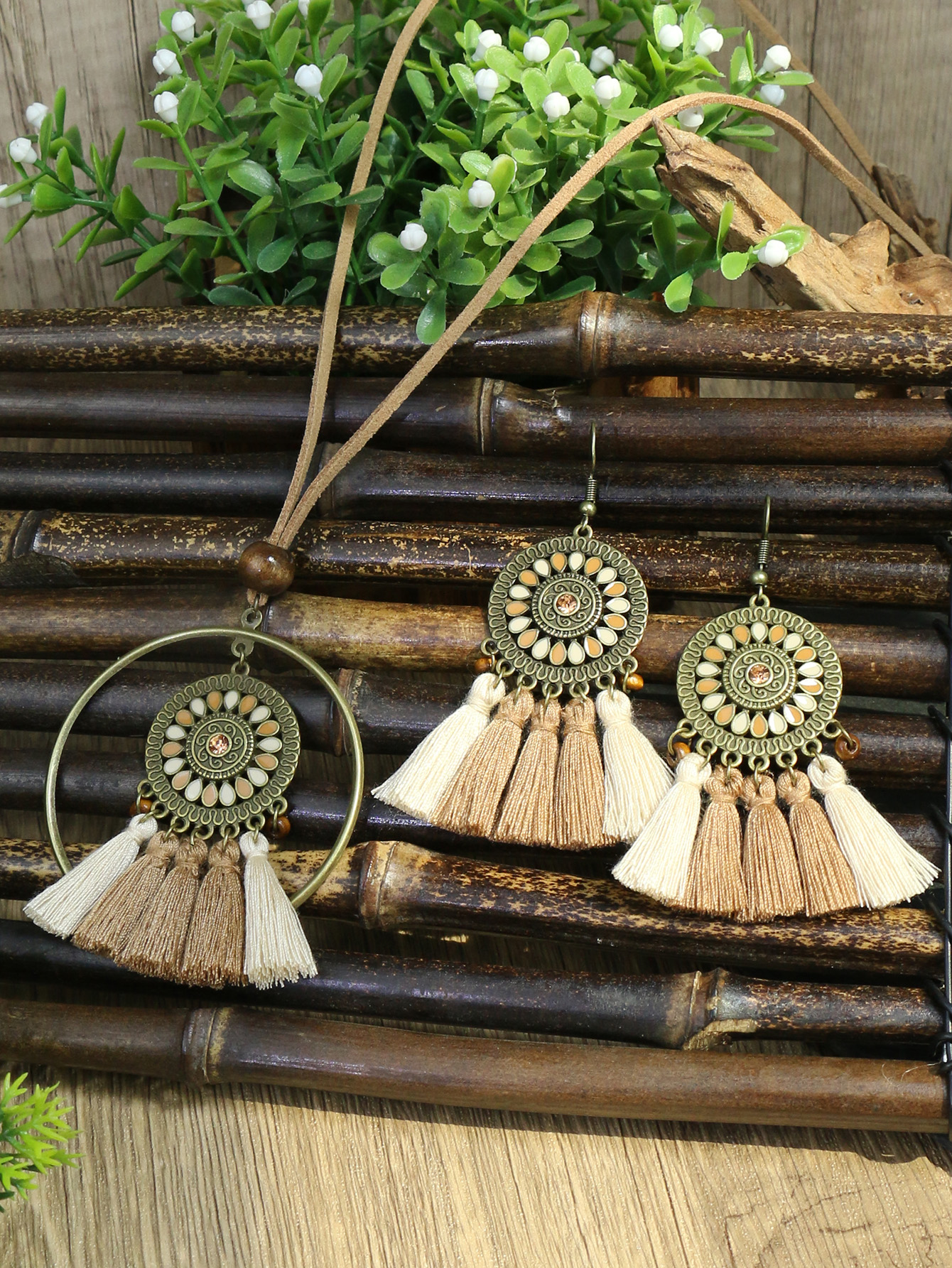 Boho Fashion Round Drop Earrings Necklace Set Antique Bells - Temu