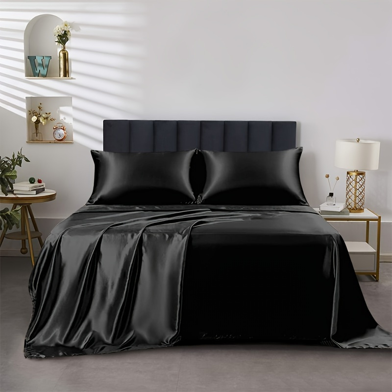 

4pcs Polyster Satin Solid Fitted Sheet, 1pc Fitted Sheet & 1pc Flat Sheet & 2pcs Pillowcases, Twin/full/queen/king