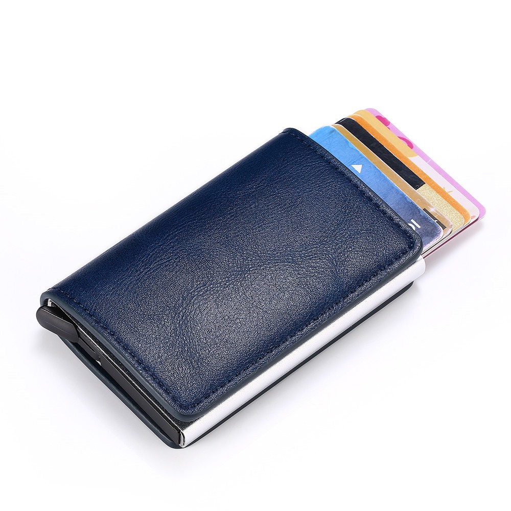 Rfid Aluminum Double Deck Buckle Men Card Holder Small Card Wallets Carbon  Fiber Leather Slim Mini Wallet Quality Male Purses - Temu