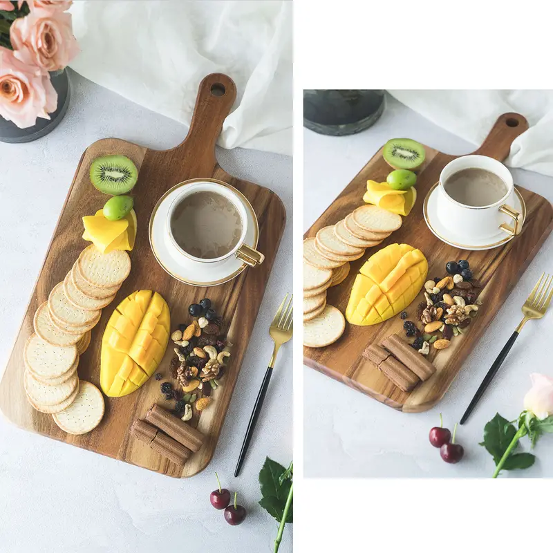 1 3pcs acacia wood cutting board paddle cutting board with handle knife friendly kitchen butcher block serving tray cracker platter details 5