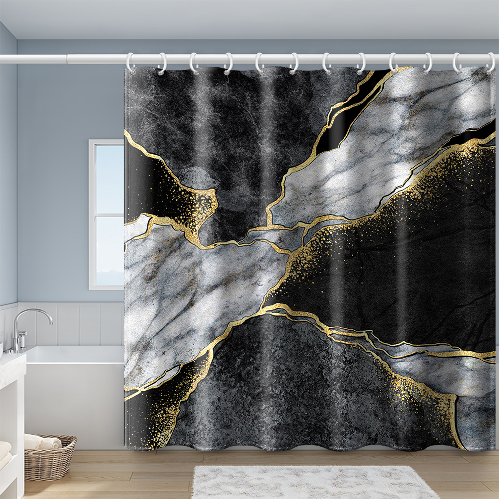Marble Shower Curtain Set Gray Golden Bathroom Decor - Temu