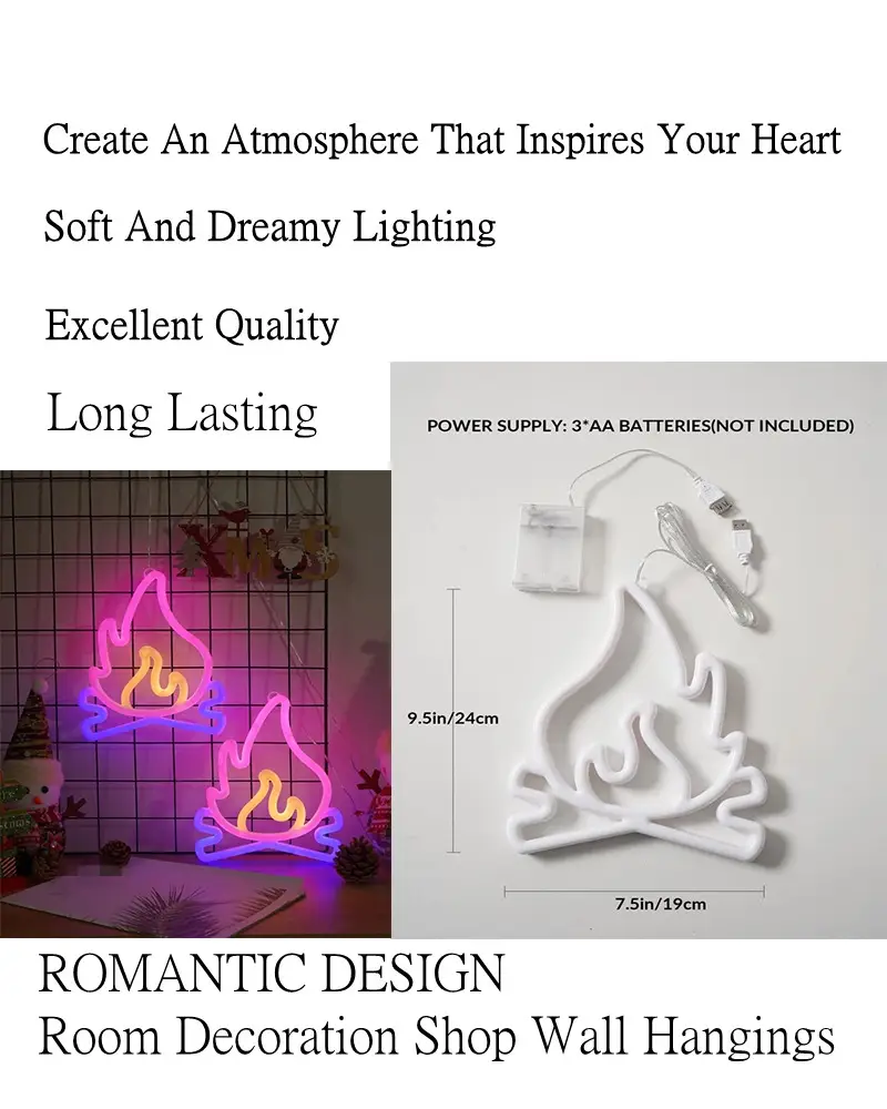 1pc Hanging Flame Shaped LED Neon Light Flame Neon Sign For Wall Decor USB Battery Powered Fire Neon Sign For Kids Boys Room Decorations Party Bar