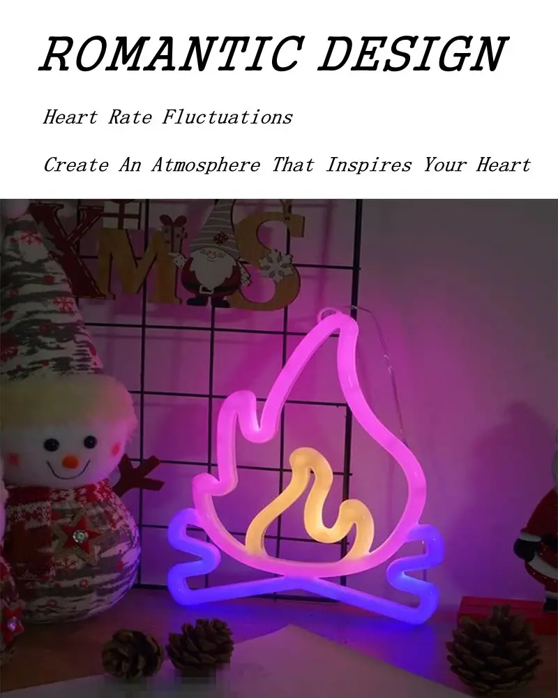 1pc Hanging Flame Shaped LED Neon Light Flame Neon Sign For Wall Decor USB Battery Powered Fire Neon Sign For Kids Boys Room Decorations Party Bar