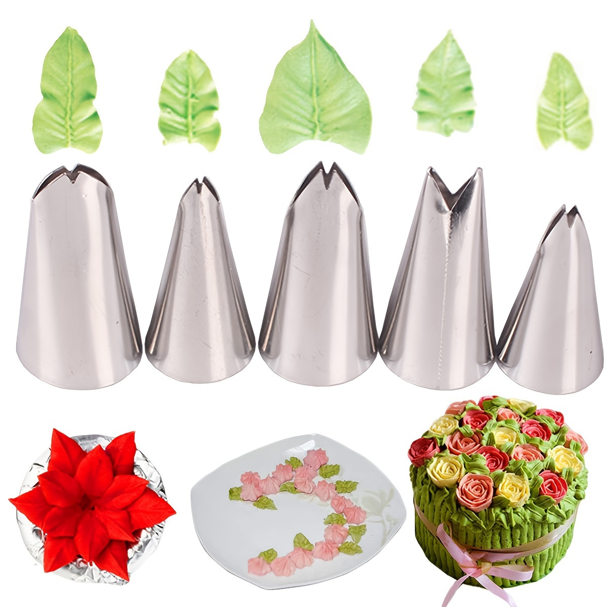 

5pcs Leaf Piping Tips, Cake Piping Icing Nozzles, Stainless Steel Cake Decorating Tips Set, Diy Baking Supplies, Cake Decorating Tools, 0.78/0.71inch