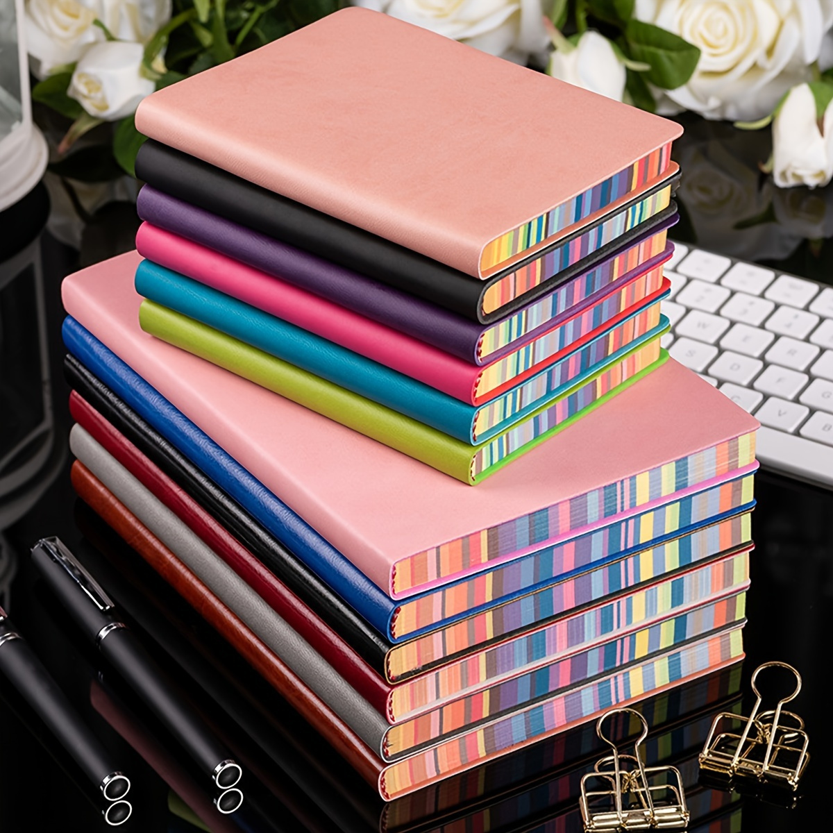 

1pc A5/a6 Cute Leather Notebook With Rainbow Border 100 Sheets Lined Papers For Student Record Drawing Excerpt School Office Rose Red/blue/green/black