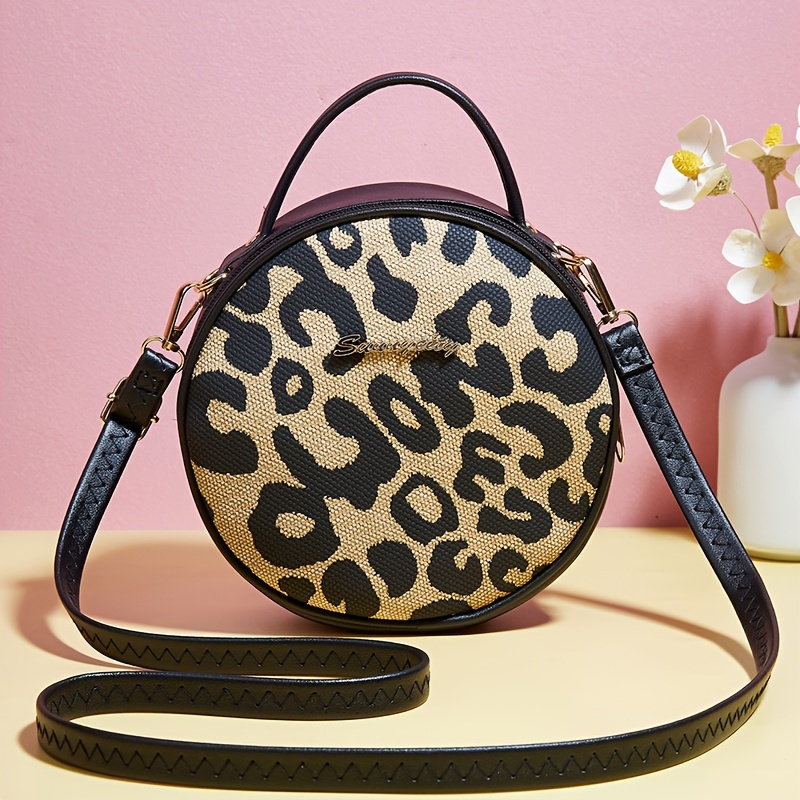 

Leopard Pattern Round Bag, Women's Handle Purse Casual Small Handbag Zipper Shoulder Bag