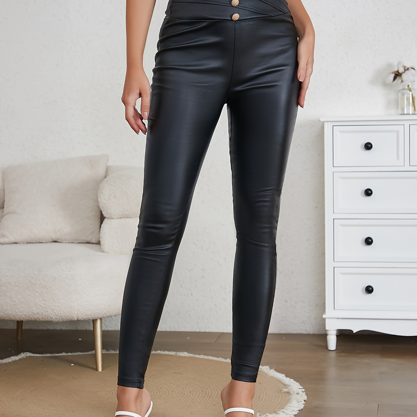 Solid Faux Leather Skinny Leggings Pants Casual Pu High Waist Slim Fashion Pants Womens 5290