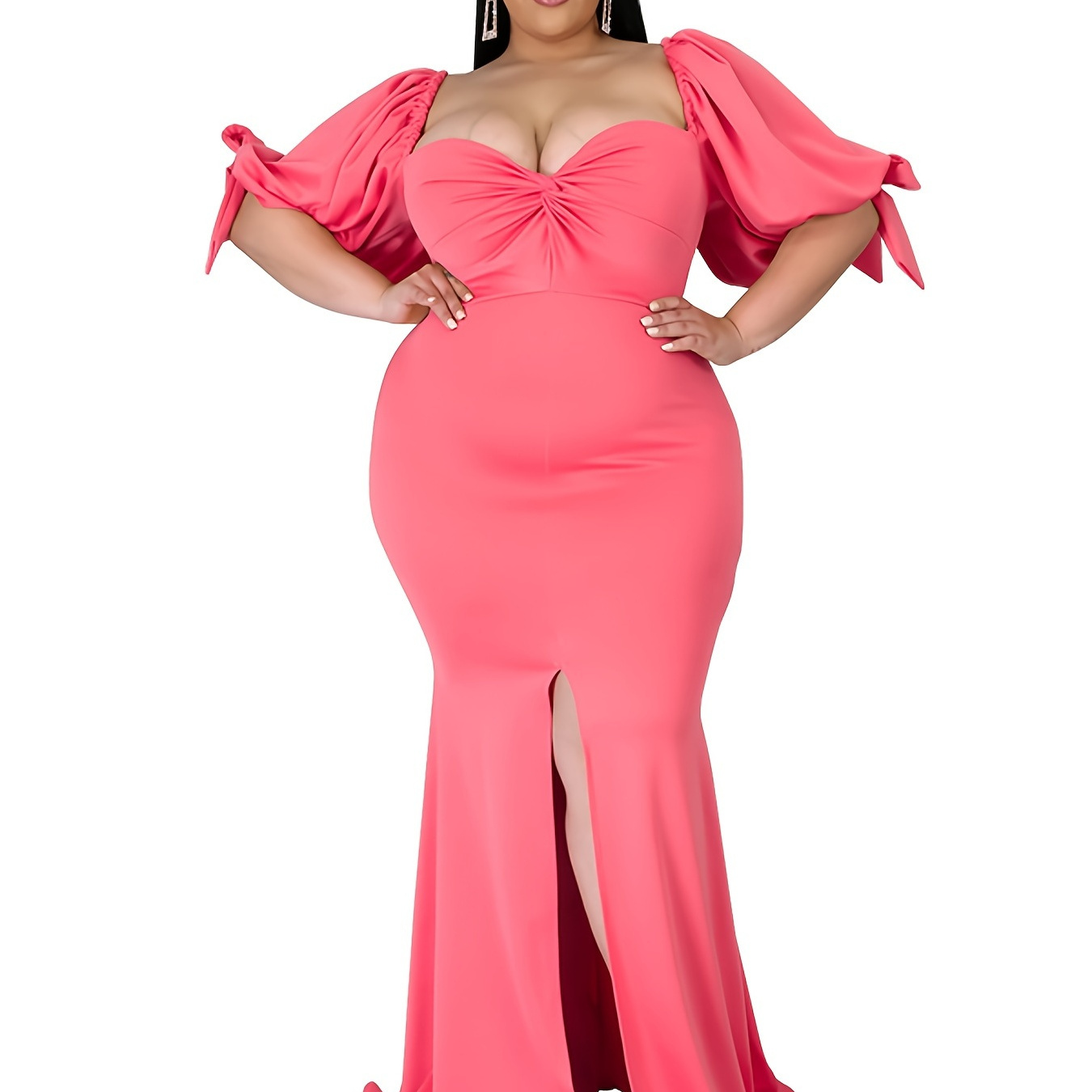 plus-size-deep-v-neck-puff-sleeve-high-split-bodycon-dress-women-s-plus
