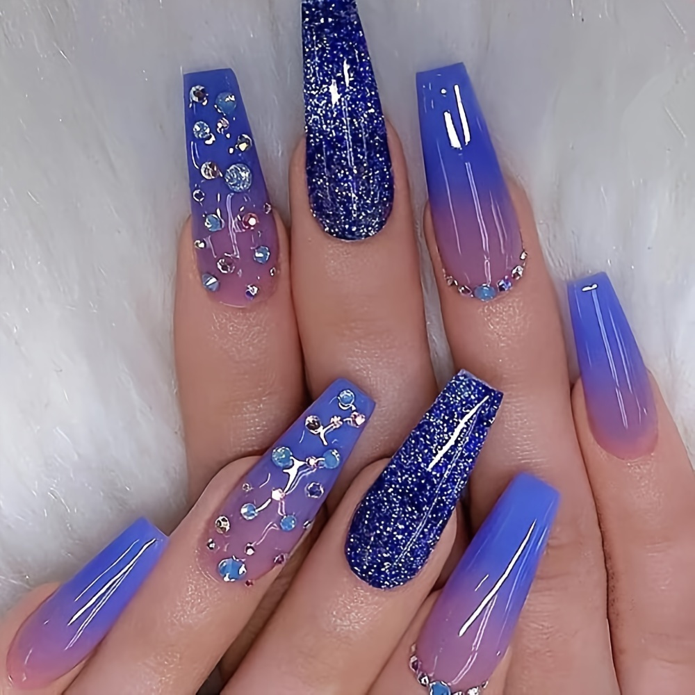 Gradient Ballerina Press On Nails With Wave And Star Designs,long Coffin  Fake Nails With Rhinestones,glossy False Nails For Women And Girls, - Temu