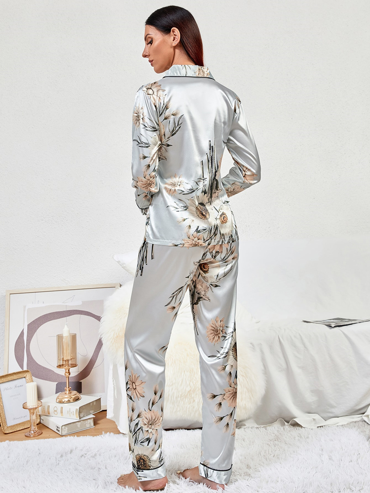 Soft Satin Floral Pajamas Set Lightweight Button Blouse - Temu New Zealand