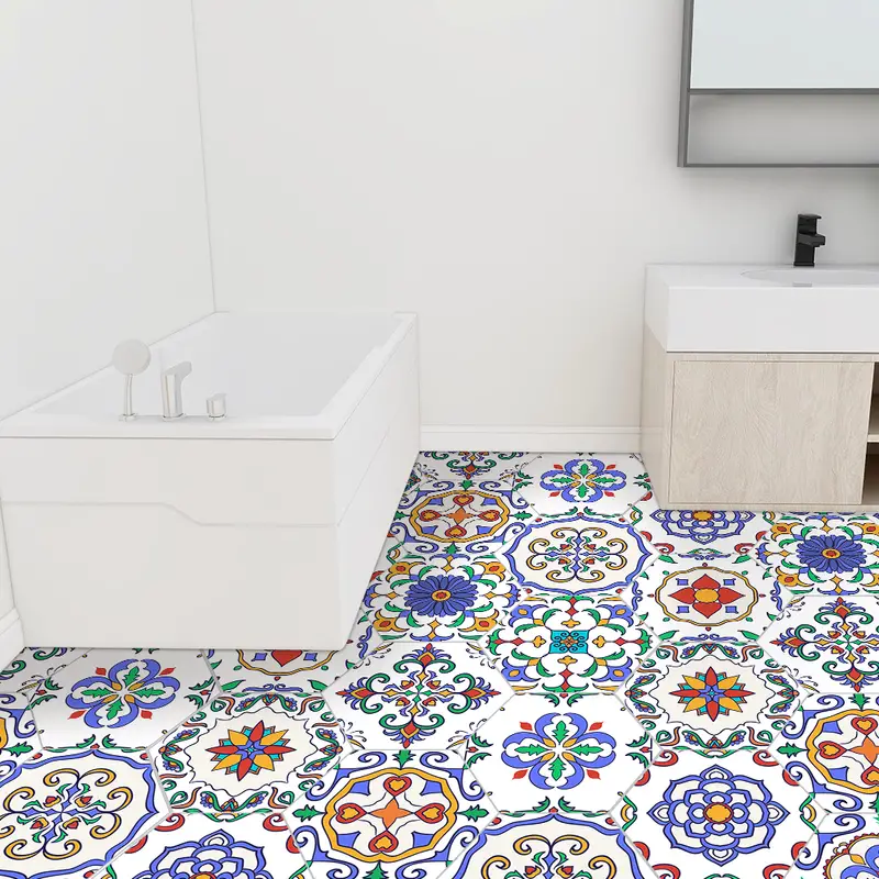 1set Of 10pcs Tile Stickers 7 87 9inch Moroccan Style Hexagonal Tile Stickers Non slip Floor Stickers For Bathroom Kitchen And Household DIY Splicing Wall Stickers