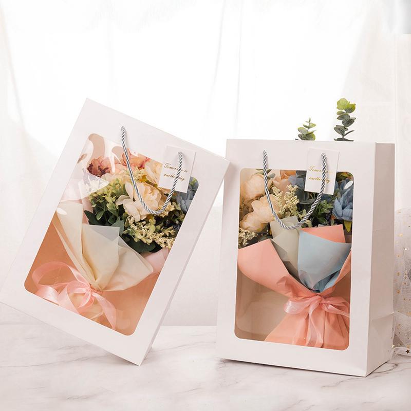 6 Pack Clear Gift Bags with Window,5.9x3.9x7.9inch Transparent Kraft Paper Bags with Handles,Bouquets Flower Bags Paper Tote for Present Bridal