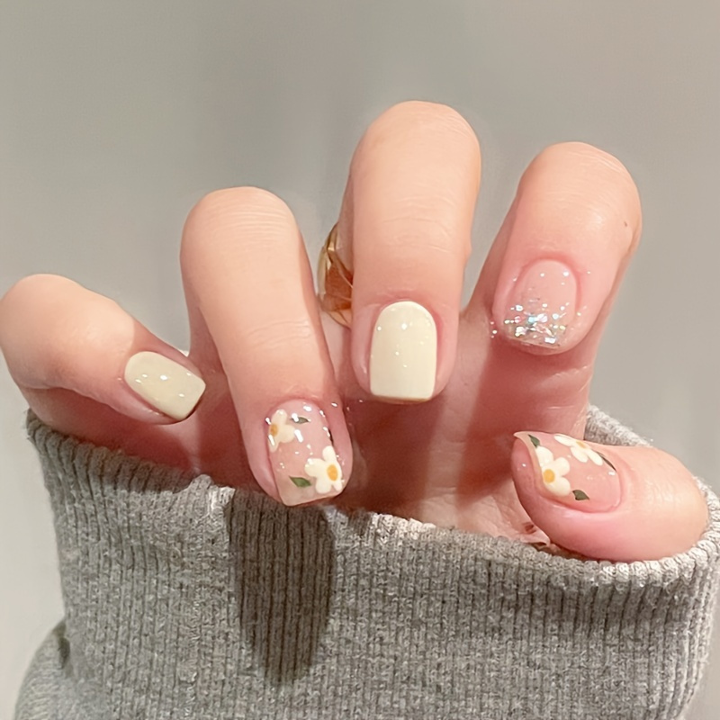 

Glossy Yellow Square Press On Nails With Flower Designs - Full Coverage Acrylic False Nails For Women