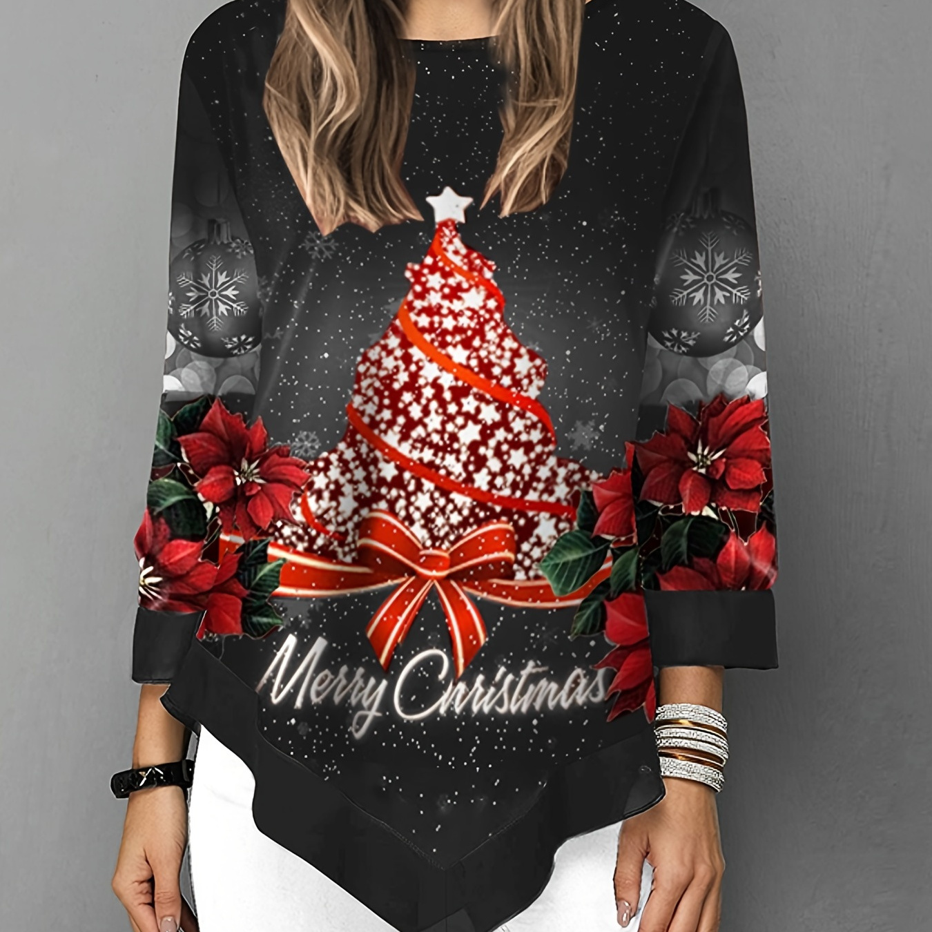 Christmas Print Crew Neck Cotton Blend Tshirt, Women's Christmas Tree