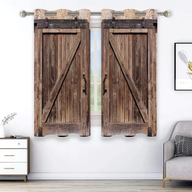 2pcs rustic curtain wooden door pattern curtain for bathroom living room bedroom window curtains home decoration details 2